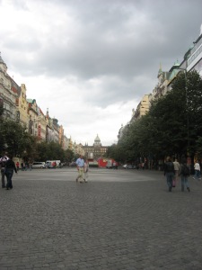 Wenceslas Square, facing the statue from a distance