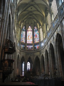 Interior of St. Vitus Cathedral, facing the altar, with lecturn on the left side