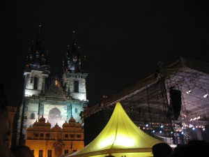 Concert scaffolding and tent in front of Our Lady Before Tyn Church